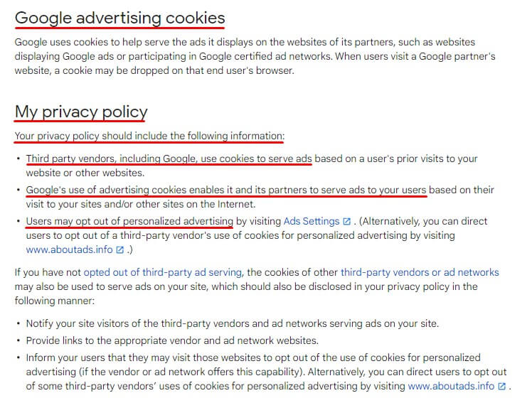 Google AdSense Help: Advertising Cookies and Privacy Policy page