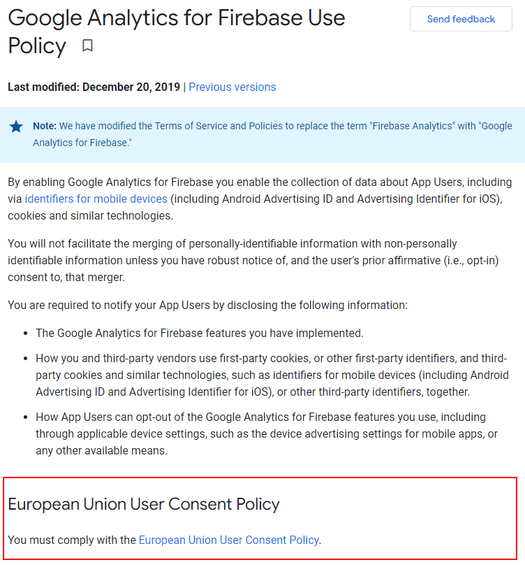 Google Analytics for Firebase Use Policy: EU User Consent section highlighted and updated