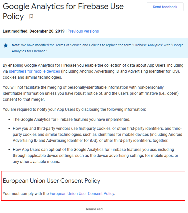 Google Analytics for Firebase Use Policy: EU User Consent section highlighted and updated