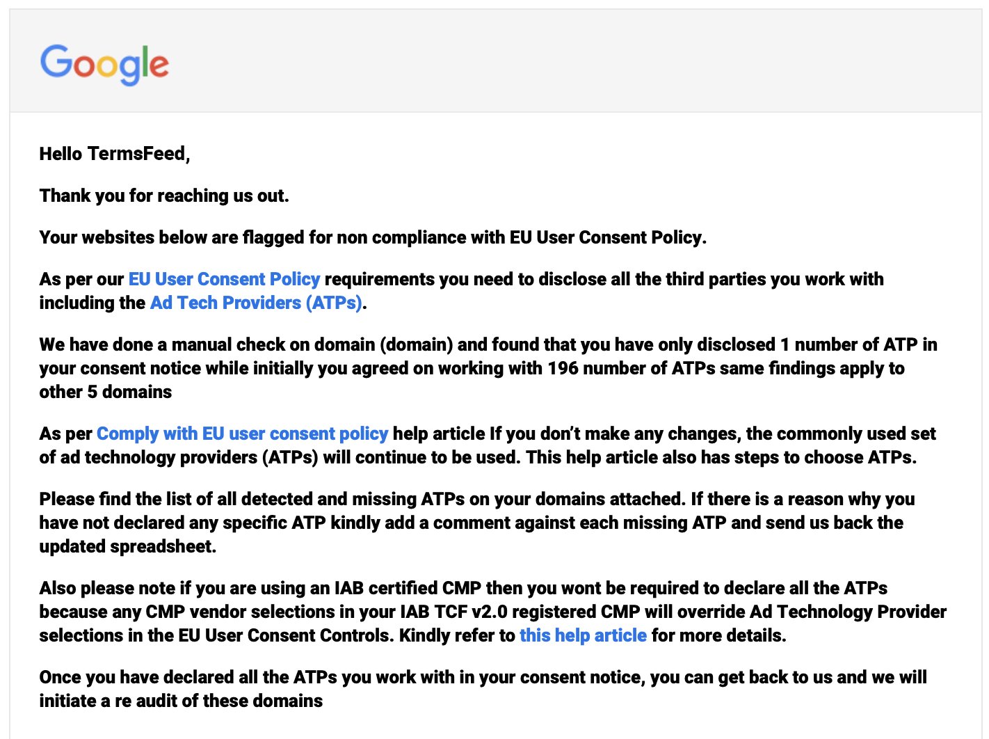 Google EU User Consent Policy: Non Compliance ATP