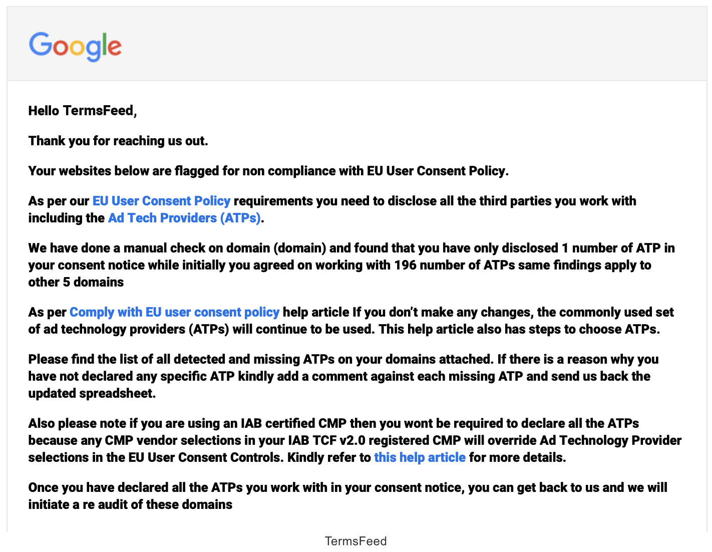 Google EU User Consent Policy: Non Compliance ATP