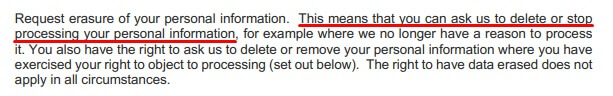 Gymshark Privacy Notice: Your Rights clause - Delete or stop processing personal information section