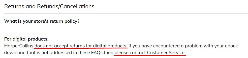 Harper Collins Returns and Refunds and Cancellations: Digital products clause