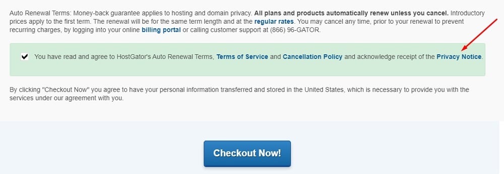 HostGator checkout page with agree checkbox - Privacy Policy link highlighted