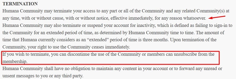 Humana Terms and Conditions: Termination clause