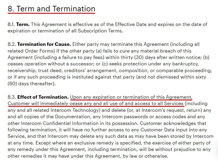 Intercom Terms of Service: Term and Termination clause