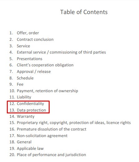 Jump Tomorrow Terms and Conditions Table of Contents with Confidentiality and Data Protection sections highlighted