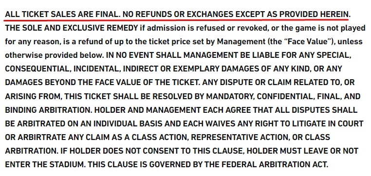 LA Galaxy Ticket Disclaimer: Refunds and exchanges section highlighted