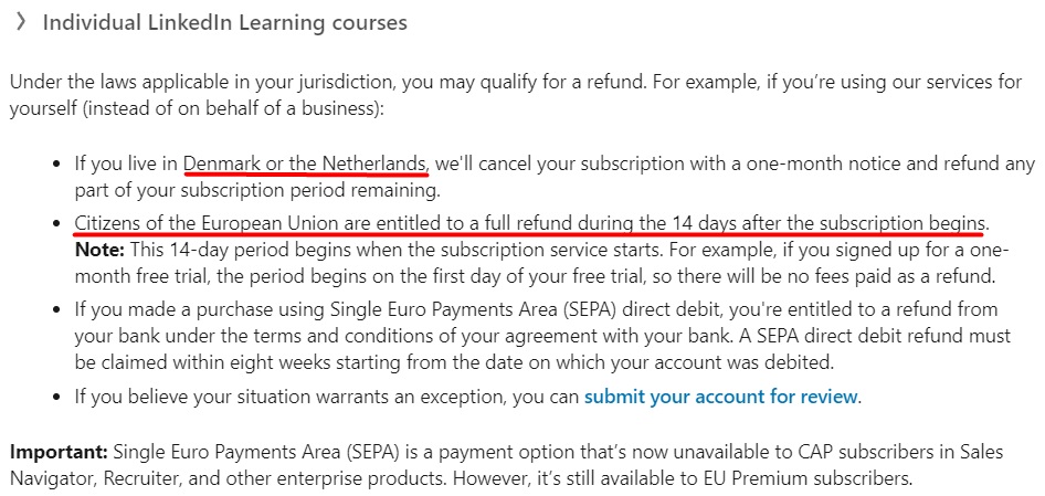 LinkedIn Consumer Refund Policy: EU returns section