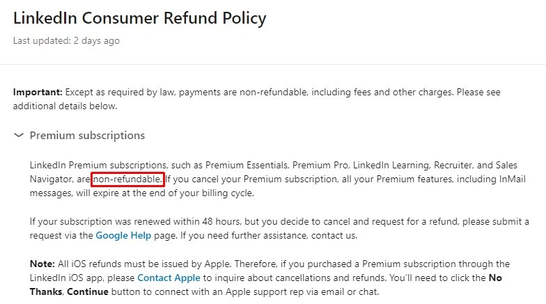 LinkedIn Consumer Refund Policy: Premium Subscriptions clause