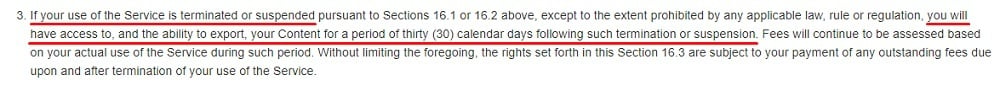 Marketo Terms of Service: Termination of Service clause - Content export timeframe excerpt