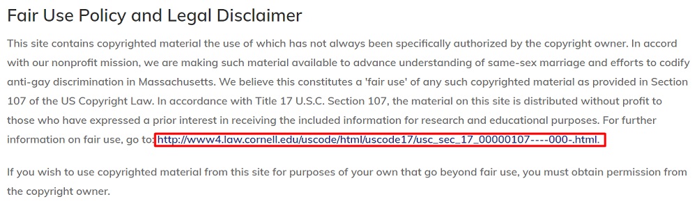 Mass Equality Fair Use Policy and Legal Disclaimer: Law reference website link highlighted