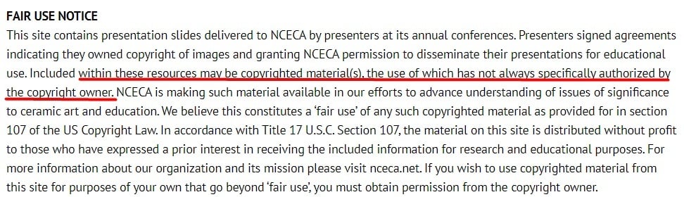 NCECA Fair Use and Content Disclaimer: Fair Use Notice section