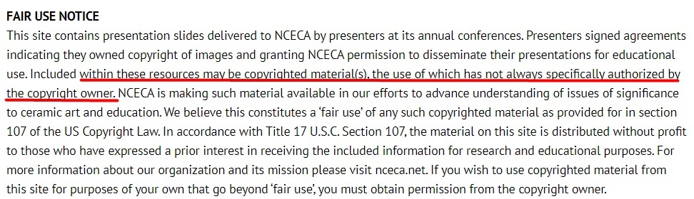 NCECA Fair Use and Content Disclaimer: Fair Use Notice section