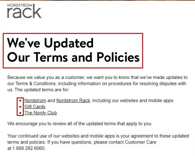 Nordstrom Rack email about updated terms and policies