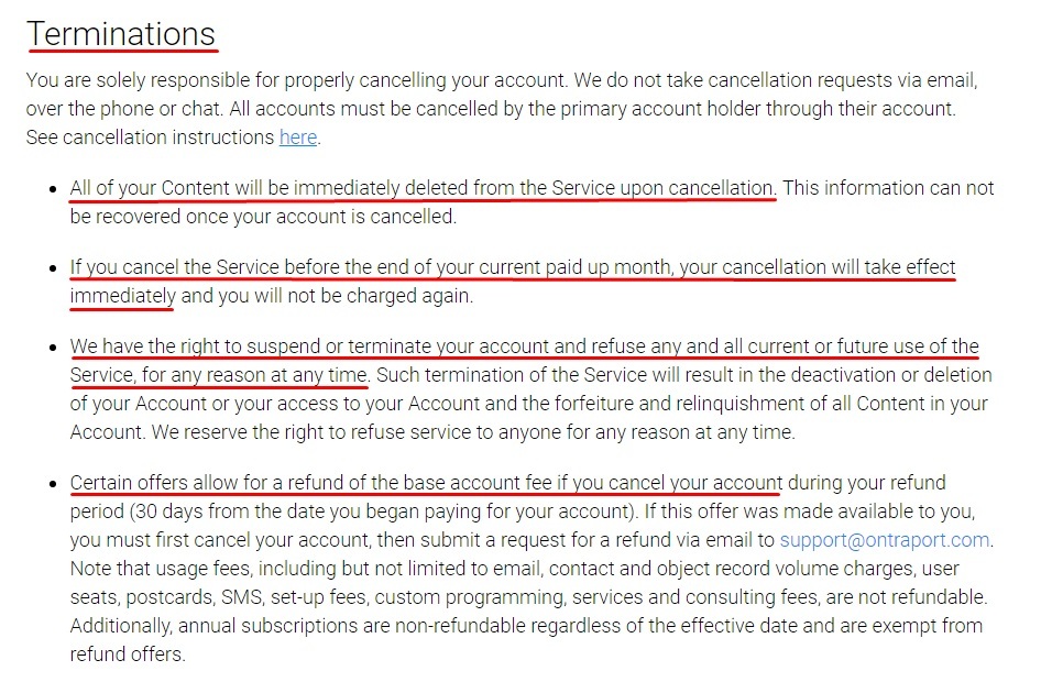 OntraPort Terms and Conditions Agreement: Terminations clause