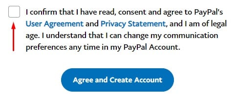 PayPal Sign up page - Agree and Create Account with checkbox highlighted