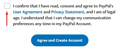 PayPal Sign up page - Agree and Create Account with checkbox highlighted