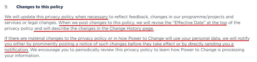 Power to Change UK Privacy Policy: Changes to this policy clause
