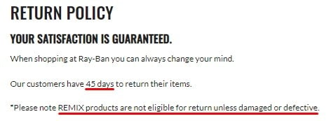 Ray Ban Return Policy: Time limit and REMIX products section