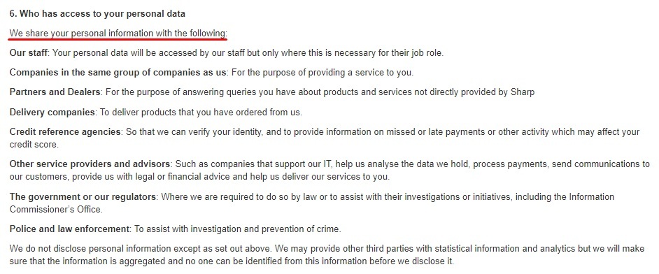 Sharp Global Website Privacy Policy: Who has access to your personal data clause