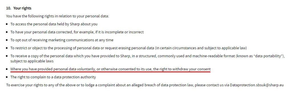 Sharp UK Privacy Policy: Your Rights clause with Withdraw Consent section highlighted