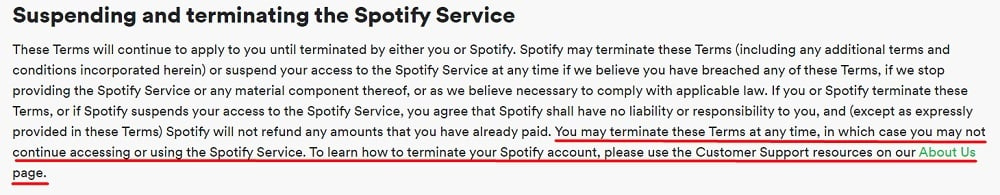 Spotify Terms of Use: Suspending and terminating the Spotify Service clause