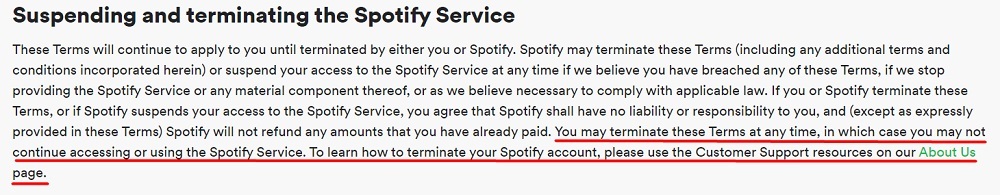 Spotify Terms of Use: Suspending and terminating the Spotify Service clause