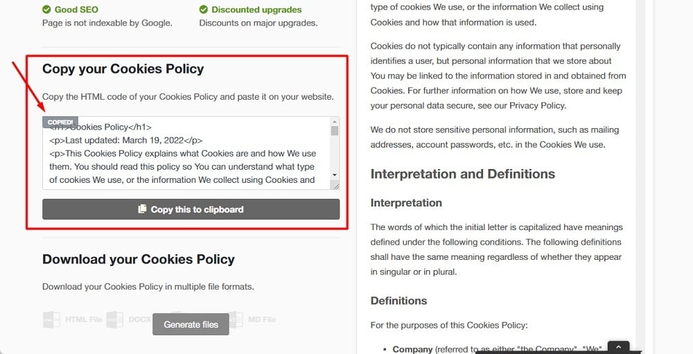TermsFeed App: Cookies Policy Download page - Copy your Cookies Policy section highlighted