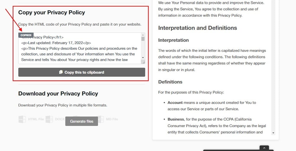 TermsFeed App: Privacy Policy Download page - Copy your Privacy Policy section highlighted