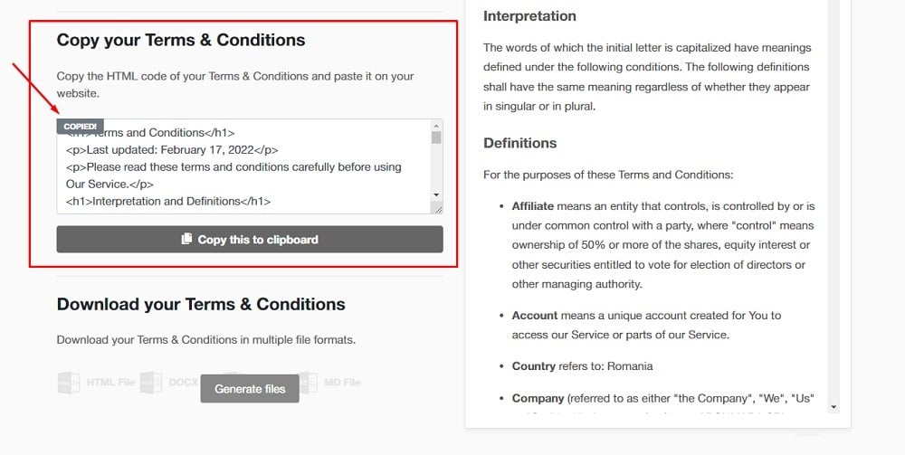 TermsFeed App: Terms and Conditions Download page - Copy your Terms and Conditions section highlighted