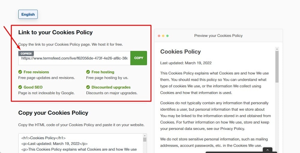 TermsFeed Generators App: Cookies Policy Download Page - Link to hosted Cookies Policy URL copy option highlighted