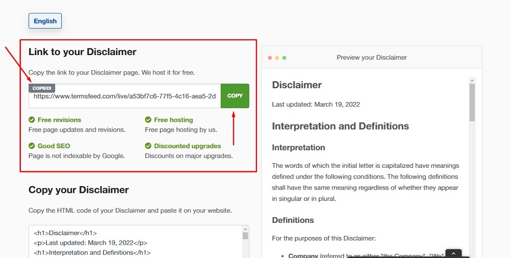 TermsFeed Generators App: Disclaimer Download Page - Link to hosted Disclaimer URL copy option highlighted