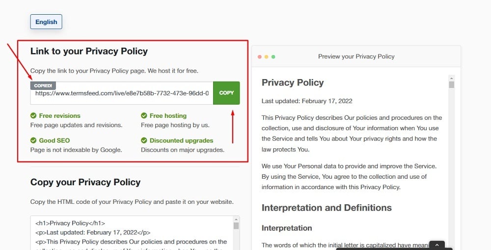 TermsFeed Generators App: Privacy Policy Download Page - Link to hosted Privacy Policy URL copy option highlighted