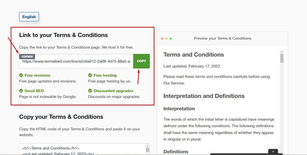 TermsFeed Generators App: Terms and Conditions Download Page - Link to hosted Terms and Conditions URL copy option highlighted