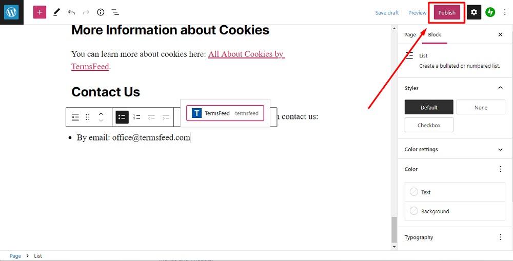 TermsFeed WP.com website: Cookies Policy page - Publish option highlighted