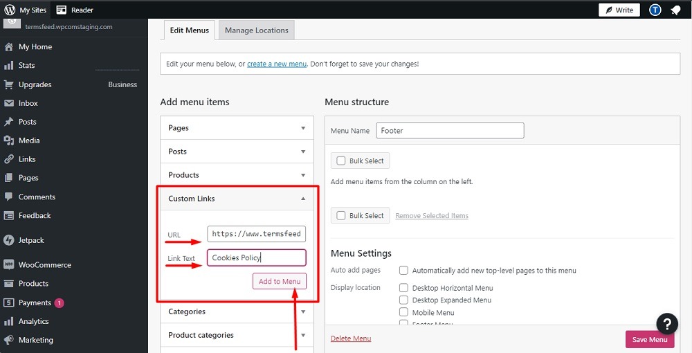 TermsFeed WP.com website: Menus Editor - Custom Links added Cookies Policy URL and text and Add to Menu button highlighted
