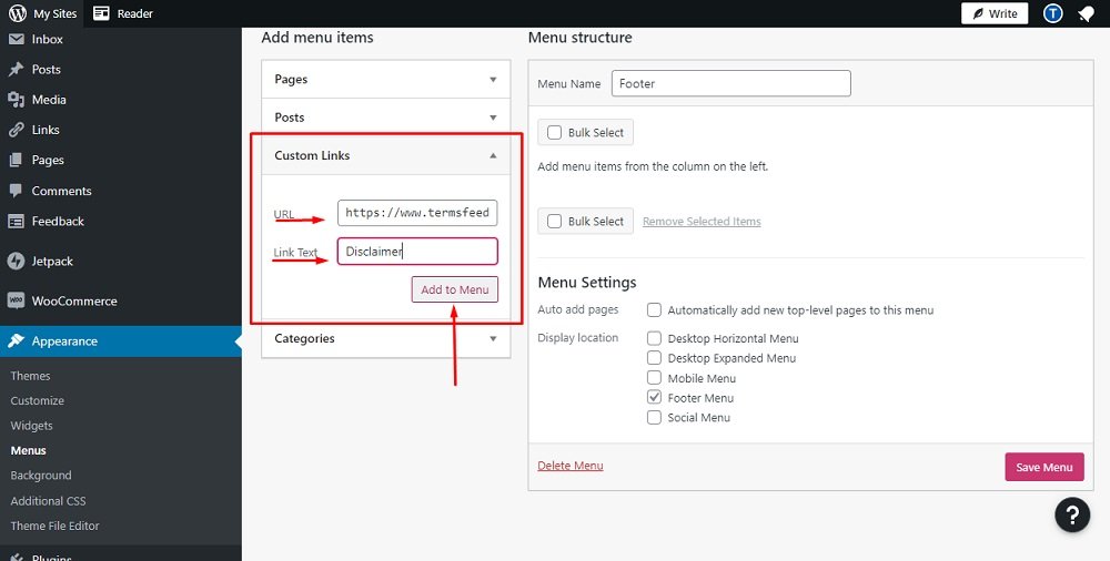 TermsFeed WP.com website: Menus Editor - Custom Links added Disclaimer URL and text and Add to Menu button highlighted