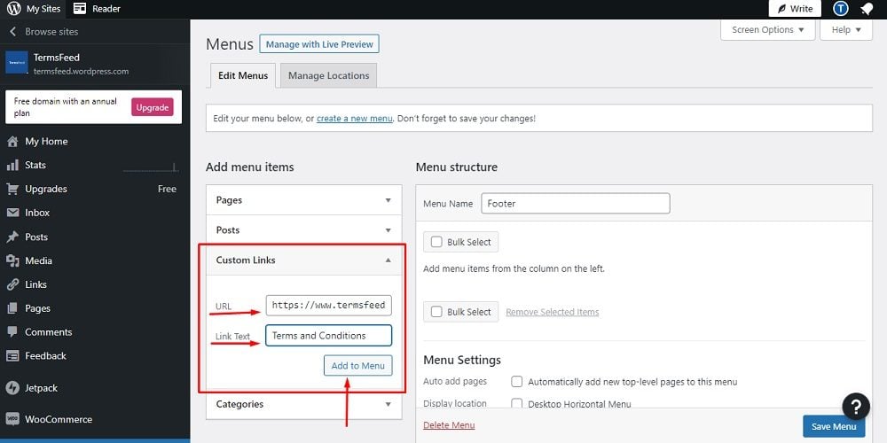 TermsFeed WP.com website: Menus Editor - Custom Links added Terms and Conditions URL and text and Add to Menu button highlighted