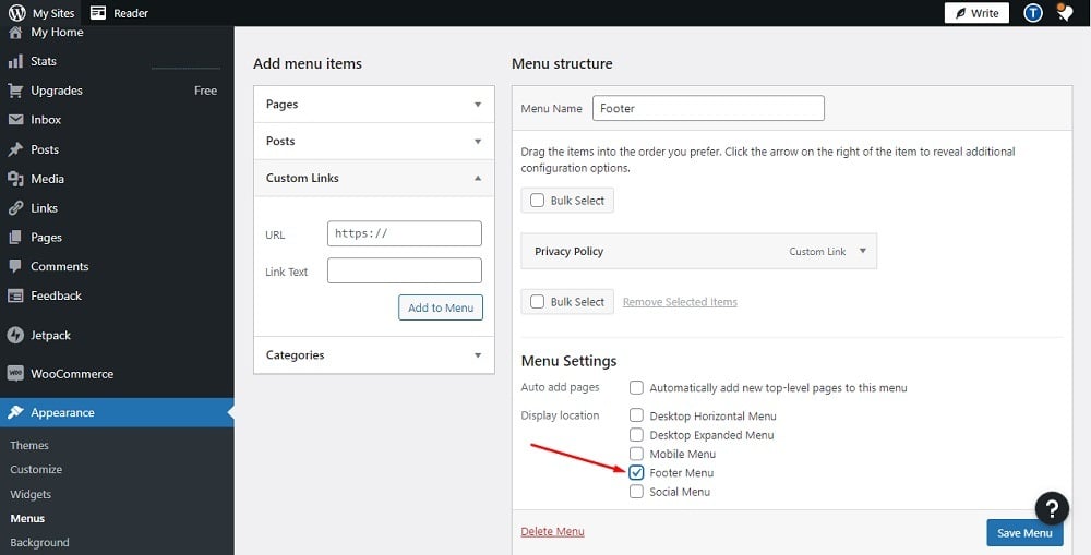 TermsFeed WP.com website: Menus Editor - Menu Settings check Footer Menu option highlighted