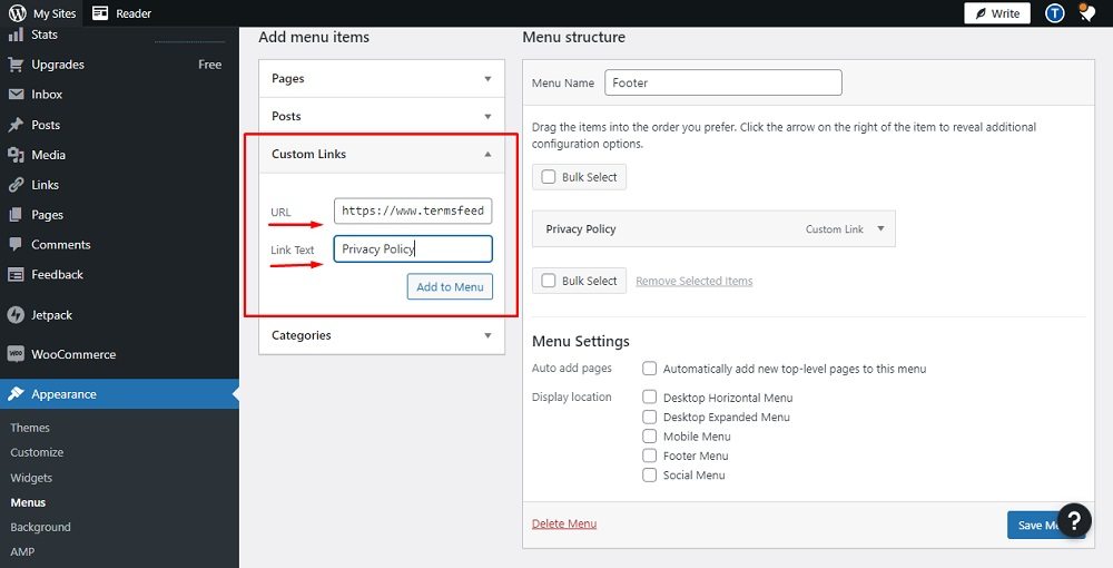 TermsFeed WP.com website: Menus Editor - Add menu items - Custom links fields URL and Privacy Policy as URL text filled highlighted