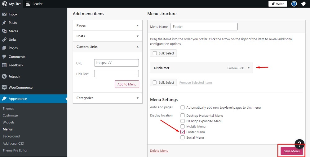 TermsFeed WP.com website: Menus Editor - Footer checked and Save Menu button highlighted