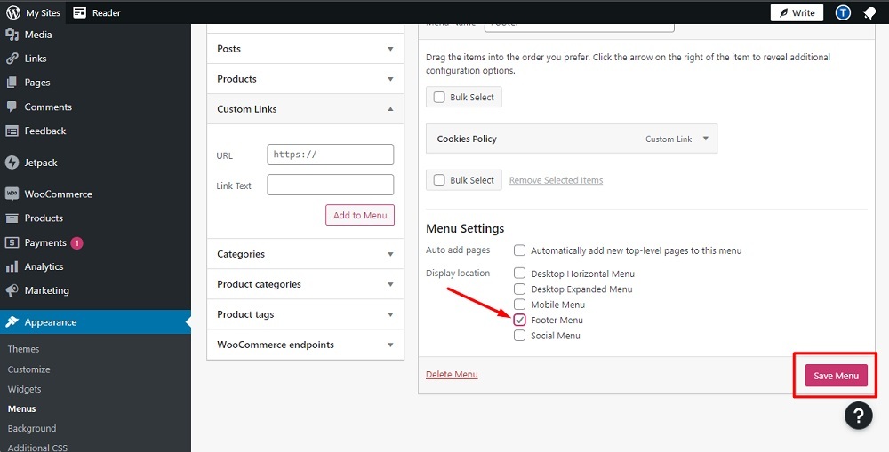 TermsFeed WP.com website: Menus Editor - Footer checked and Save Menu button highlighted