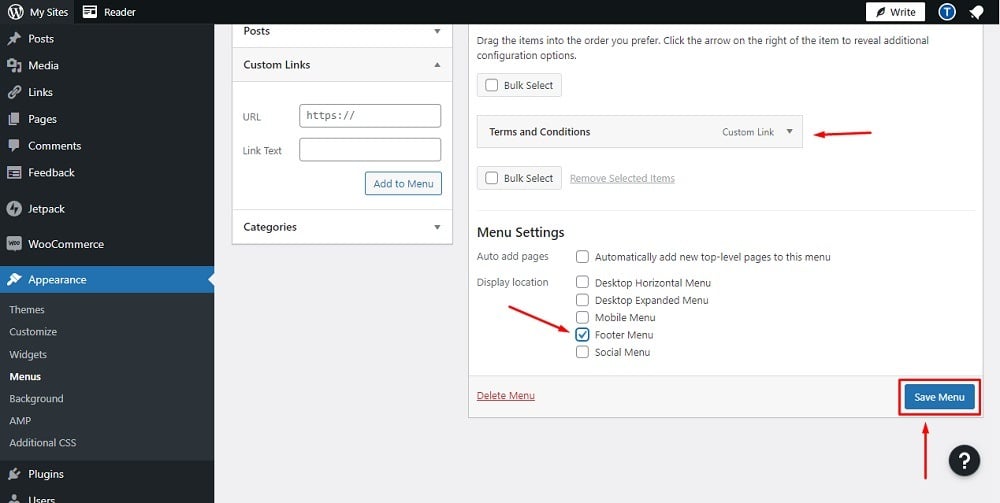 TermsFeed WP.com website: Menus Editor - Settings Footer checked and Save Menu button highlighted
