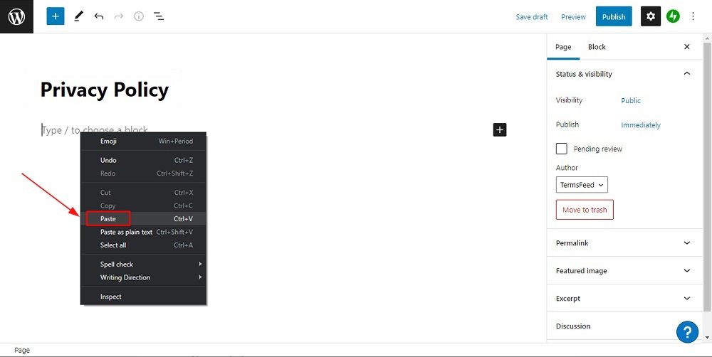 TermsFeed WP.com website: Privacy Policy Page Editor - Paste option highlighted