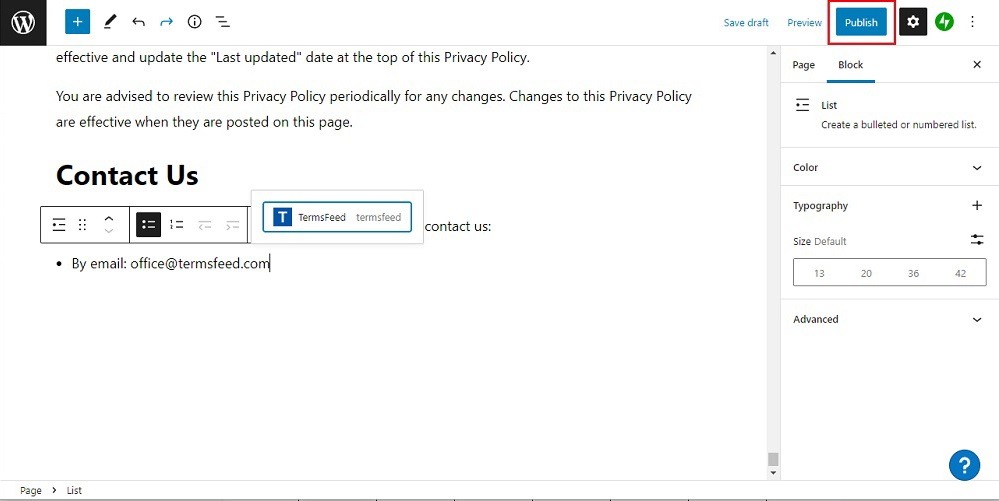 TermsFeed WP.com website: Privacy Policy page - Publish option highlighted