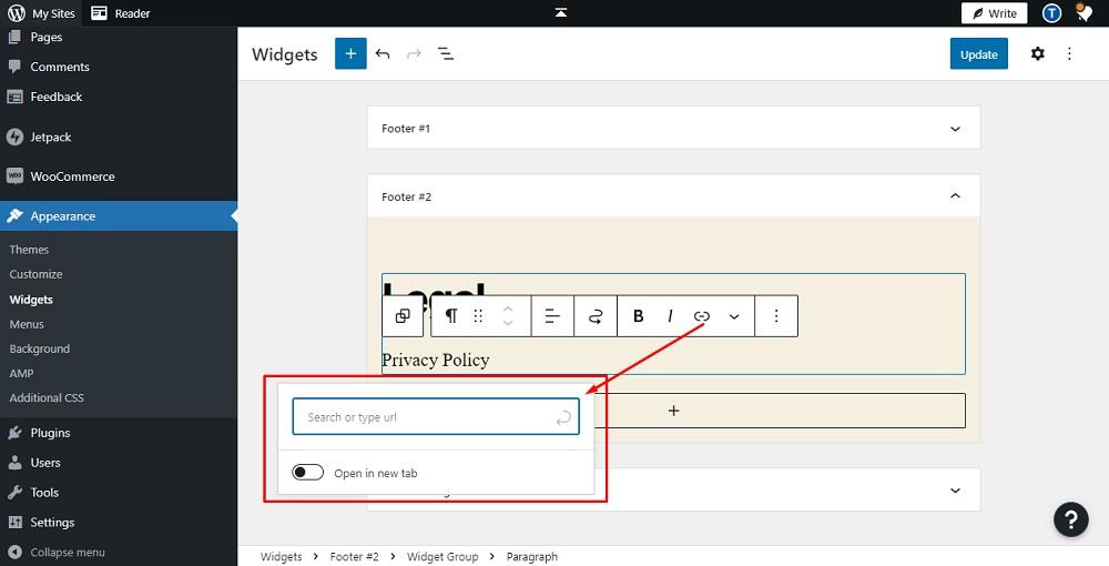 TermsFeed WP.com website: Widgets Editor - Widget group paragraph block with add Privacy Policy URL field highlighted
