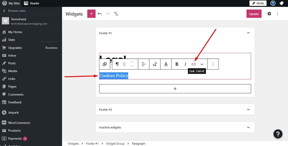 TermsFeed WP.com website: Widgets Editor - Widget group paragraph block with Cookies Policy selected and link icon highlighted