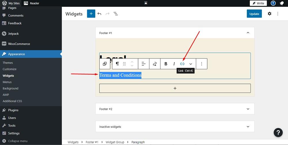 TermsFeed WP.com website: Widgets Editor - Widget group paragraph block with Terms and Conditions selected and link icon highlighted