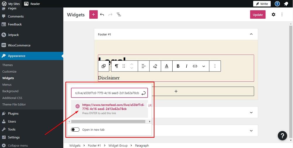 TermsFeed WP.com website: Widgets Editor - Widget group paragraph block with added Disclaimer URL link option highlighted